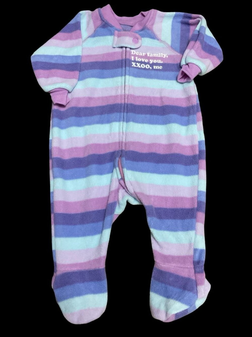 👣 10/$25 Purple/Blue "Dear Family, I Love You, XXOO, Me" Striped Fleece Sleeper